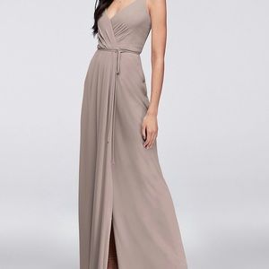 David’s Bridal Double-Strap Long Georgette Bridesmaid Wrap Dress in Biscotti